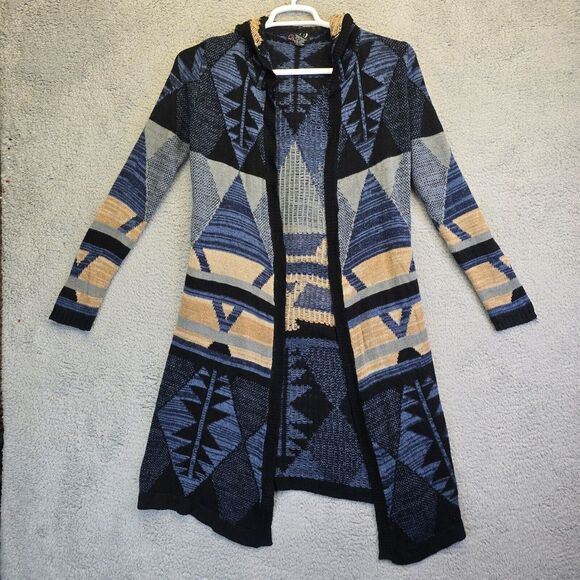 Questions Duster‎ Cardigan Women's Small Knit Hooded Southwest Aztec Design Blue - Picture 1 of 11